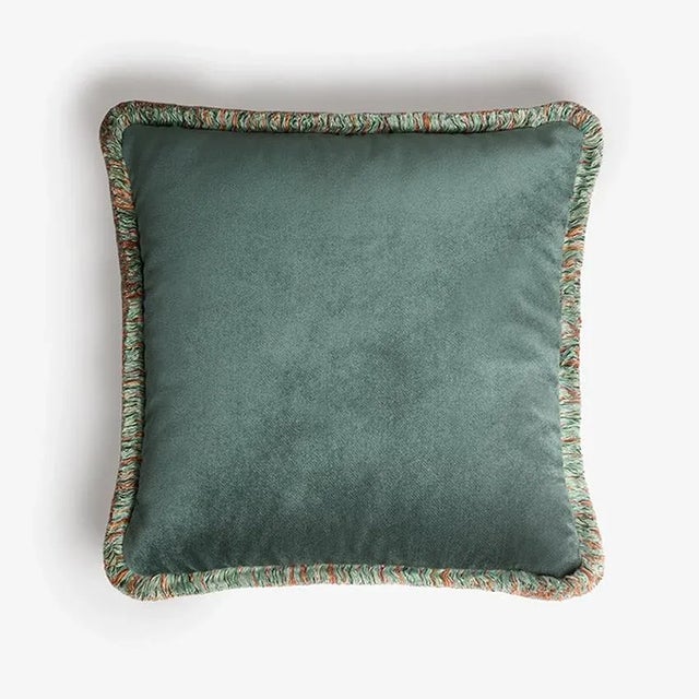 Contemporary Happy Teal Velvet Cushion with Multi-Colored Fringe by Lorenza Briola for LO DECOR For Sale - Image 3 of 3