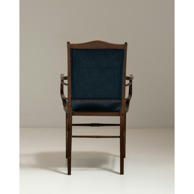 Textile 19th Century English Dark Wood Armchair With Navy Upholstery, Sunburst Inlay and Turned Legs For Sale - Image 7 of 16