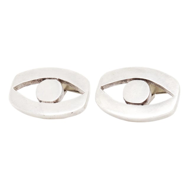 Pair of Signed Pedro Castillo Mexican Modernist Sterling Silver 'Eye' Cufflinks For Sale
