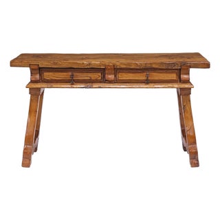 19th Century Spanish Baroque Style Walnut Trestle Console Table With Two Drawers For Sale