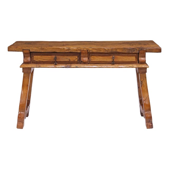 19th Century Spanish Baroque Style Walnut Trestle Console Table With Two Drawers For Sale