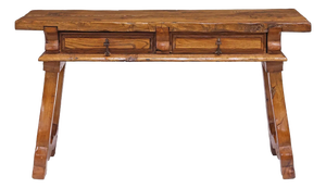 19th Century Spanish Baroque Style Walnut Trestle Console Table With Two Drawers