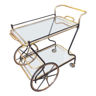 Mid-Century Modern Italian Brass and Glass Bar Cart with Lifting Top Tray, 1950s For Sale