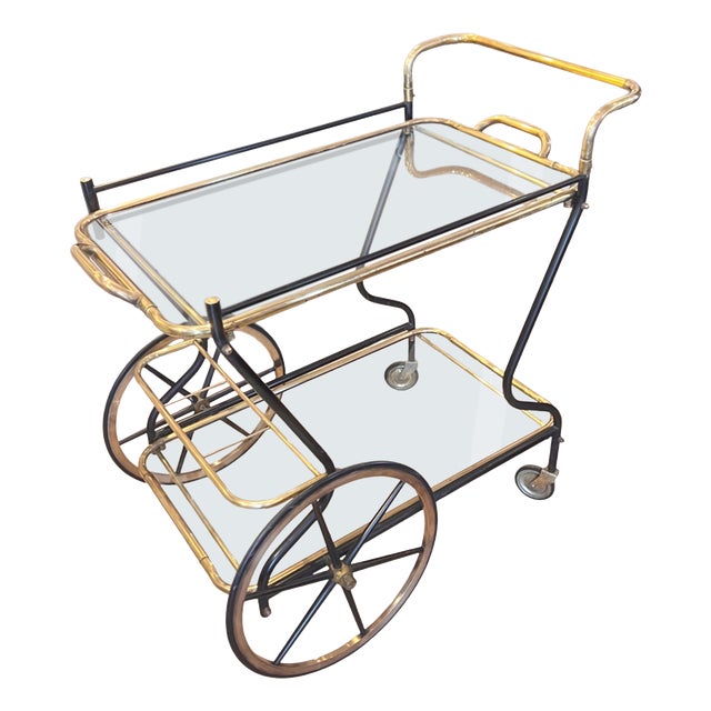 Mid-Century Modern Italian Brass and Glass Bar Cart with Lifting Top Tray, 1950s For Sale