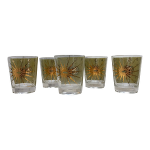 1960s Mid-Century Modern Celestial Eclipse & Atomic Starburst Double Old Fashioned Glasses- Set of 5