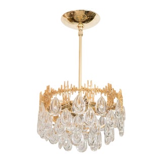 1960s Mid-Century Modern Three Tier Brass and Crystal Drop Lens Chandelier For Sale