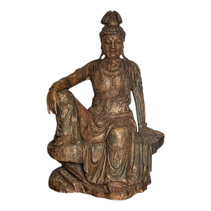 Monumental Chinese Song Dynasty Style Carved Wood & Polychrome Guanyin. 19th C.