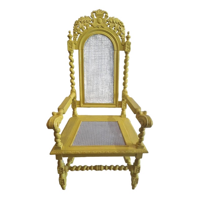 Antique Victorian Renaissance Revival Carved Wood Cane Armchair in Yellow For Sale