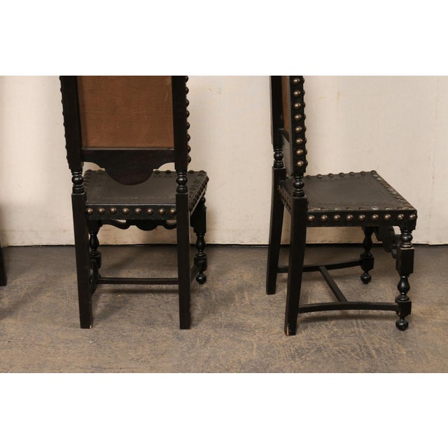 Mid 20th Century Mid 20th Century Set of 8 Spanish Leather & Carved Wood Chairs With Nailhead Trim For Sale - Image 5 of 12