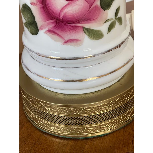 Metal Pair of 1910s Victorian Milk Glass Lamps With Roses For Sale - Image 7 of 9