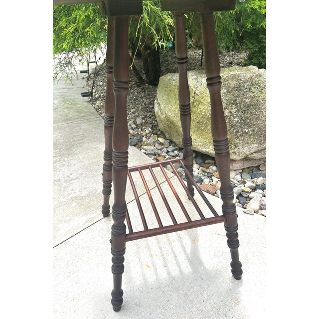 Wood Antique, Dark Oak, Victorian-Style, Accent Table With Spool-Turned Legs and a Slatted Shelf, 1890’s For Sale - Image 7 of 12