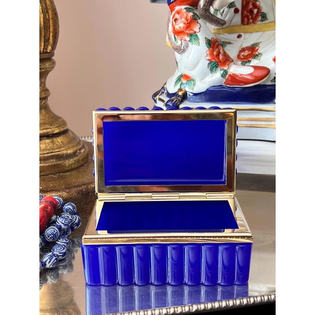 Italian 1960s Cobalt Italian Opaline glass casket with gold mounts and scalloped sides For Sale - Image 3 of 16