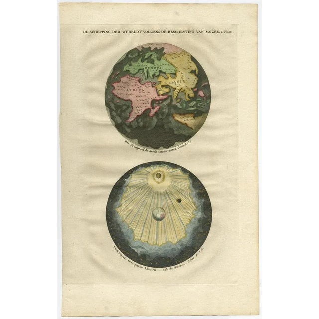 Antique map, titled: 'the creation of the world according to the of moses.' two separate maps on one sheet showing the...