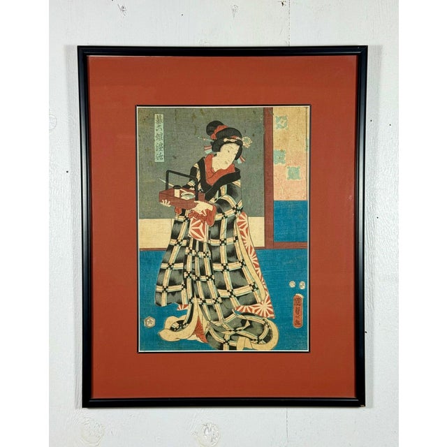 Rare Signed 19th C. Utagawa Kunisada Japanese Woodblock Print, Toyokuni III Ukiyo-E Art, Checkered Kimono Portrait, Antique Edo Period Asian Decor For Sale - Image 14 of 16