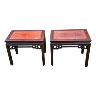 Chinese Padauk and Burl Panel Side Tables, Pair, Labeled j.l. George & Co., Hong Kong For Sale