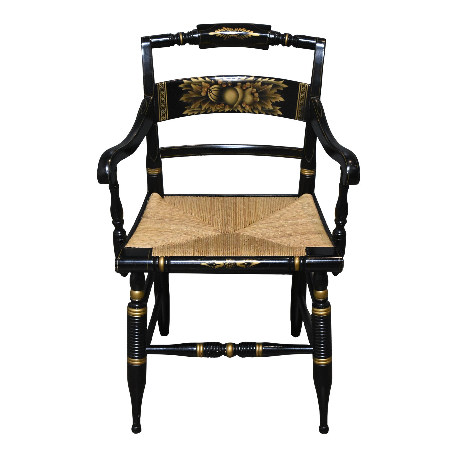 Mid 20th Century L. Hitchcock Arm Chair Black and Gold With Rush Seat