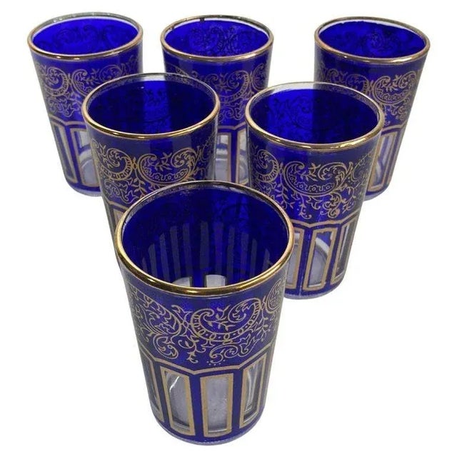 Moroccan Royal Blue Shot Glasses With Gold Moorish Design Set of 6 Barware For Sale - Image 11 of 11