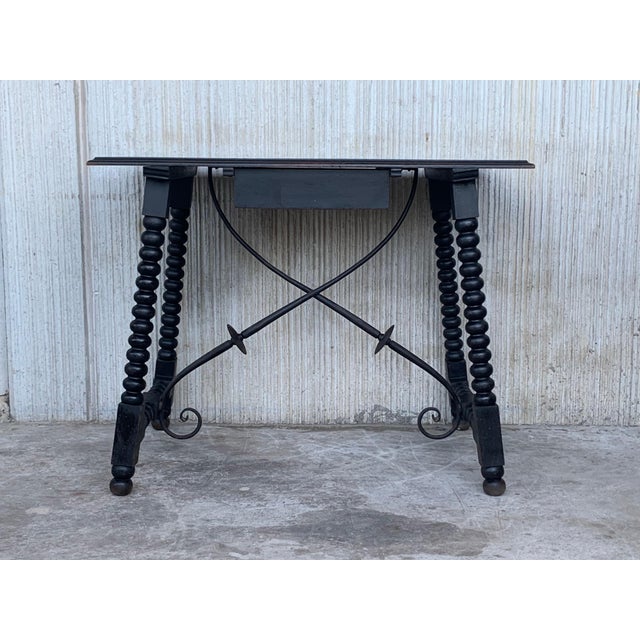 Spanish 1900s Walnut Side Table with Single Drawer and Iron Stretcher For Sale - Image 17 of 18