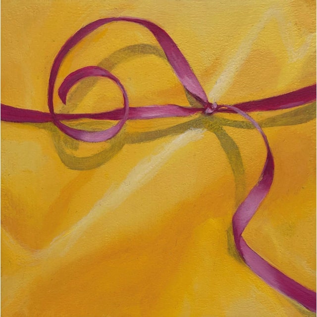 Gold Gift Box by Sarah van der Helm | Oil on Cradled Panel Painting of a wrapped gift box with ribbon For Sale