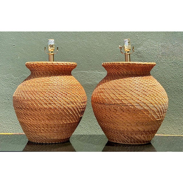 Contemporary Vintage Ralph Lauren Woven Rattan Table Lamps - A Pair For Sale - Image 3 of 14