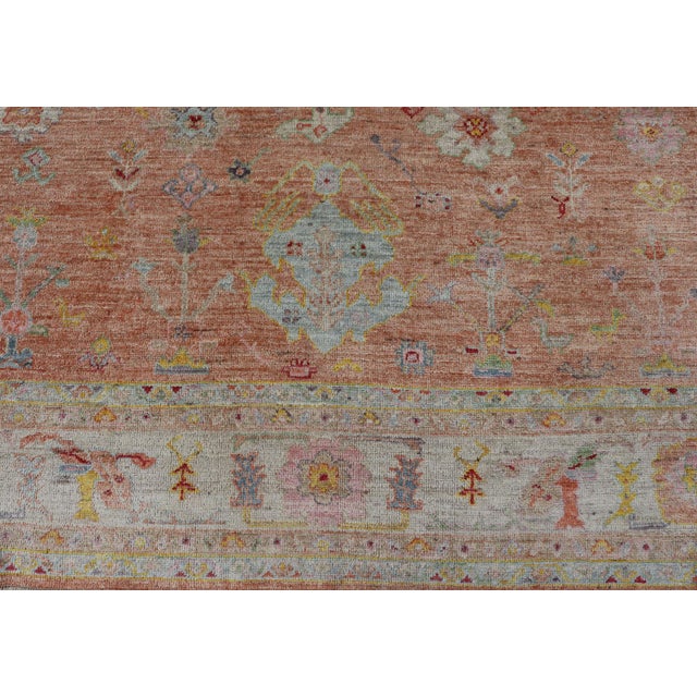 Vibrant Floral Medley on Salmon Pink Hand-Knotted Rug by Keivan Woven Arts For Sale - Image 9 of 12
