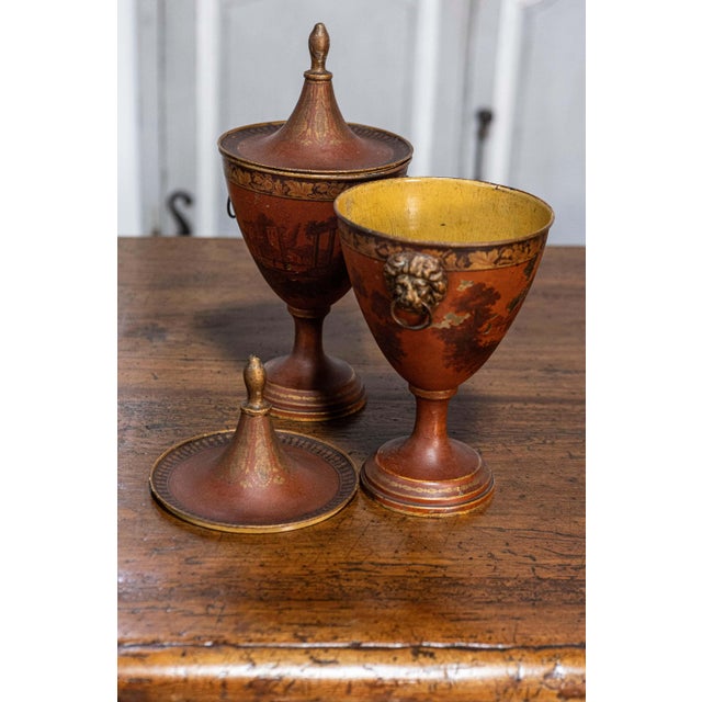 Pair of Italian 19th Century Napoleon III Lacquered Tin Lidded Vases with Scenes For Sale - Image 11 of 11