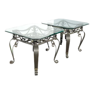 Pair Vintage Black Scrolled Metal Bevelled Edge Glass Top End Tables