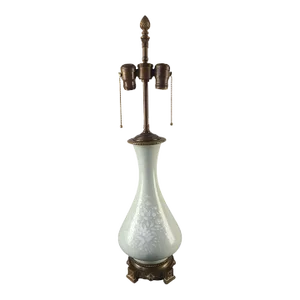 Antique Mid 19th Century Victorian Celadon Floral Bronze Base Table Lamp