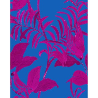 Large Scale, Tropical Birds Wallpaper by Paule Marrot in Magenta and Blue For Sale