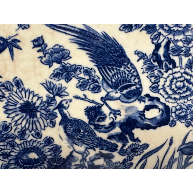 Art Deco Vintage Oriental Ironstone Platter: Blue Transferware Gamebird Design For Sale - Image 3 of 10
