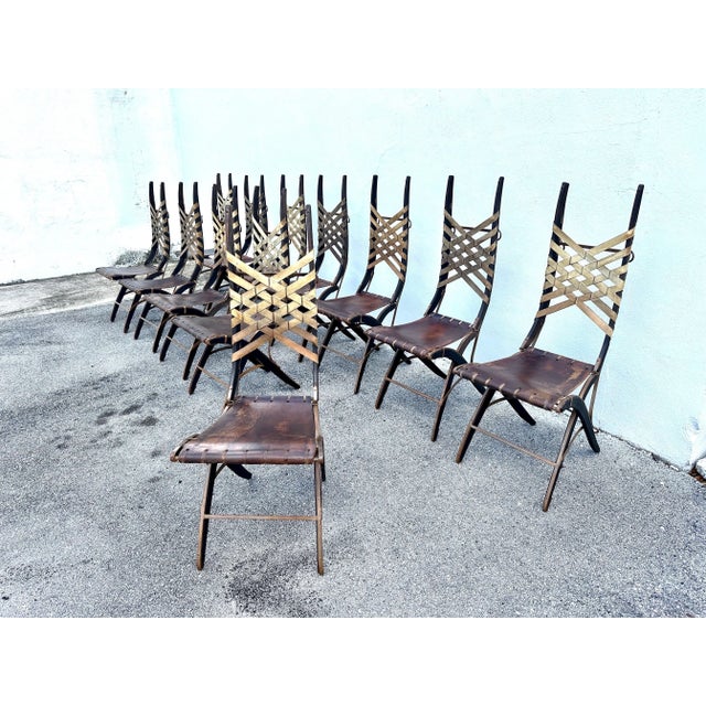 Alberto Marconetti Original Oak, Iron & Leather Straps Dining Chairs - Set of 12 For Sale - Image 11 of 12