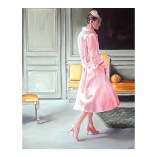 Original Oil Painting Signed: Fashionable French Woman in Vintage Pink Ensemble For Sale