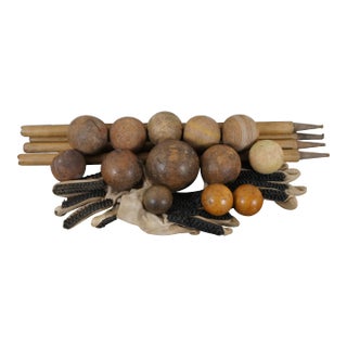 Antique 20 Pc Assorted Lot Cricket Stumps Gloves Wood Bocce Croquet Balls For Sale