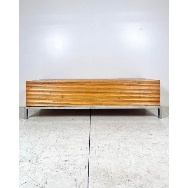 Campaign Vintage Milo Baughman Split Reed Rattan Bamboo Chrome Coffee Table For Sale - Image 3 of 12