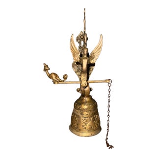 1900-1909 Brass Monastery Wall Mounted Bell With Latin, an Angel, and Dragons For Sale
