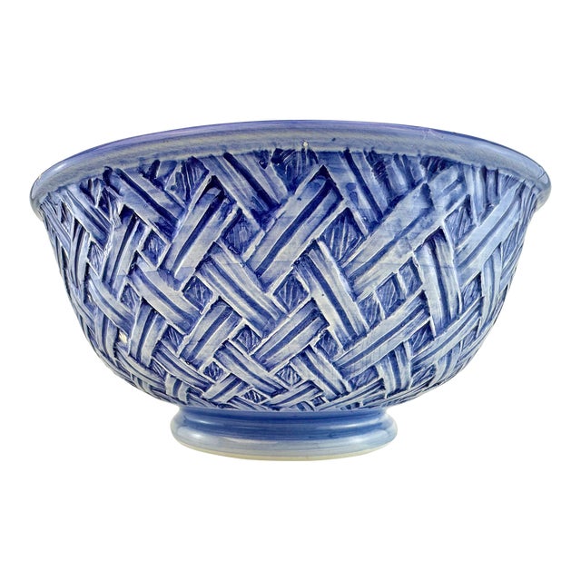 Vintage Italian Blue Ceramic Basketweave Bowl For Sale