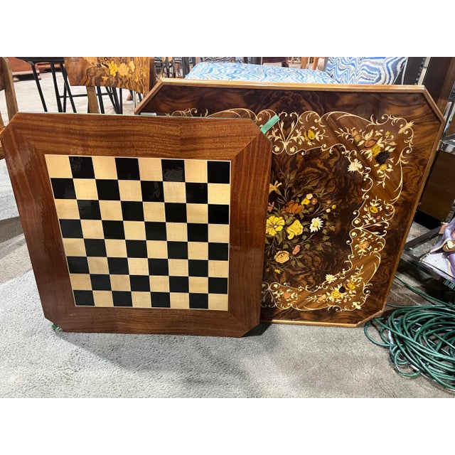 Brown Italian Marquetry Floral Poker Table Set of 7 For Sale - Image 9 of 12