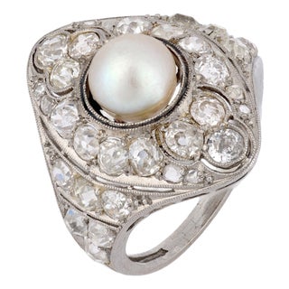 1900-1909 Edwardian Pearl Diamond Dinner Ring, Size 5.25 For Sale