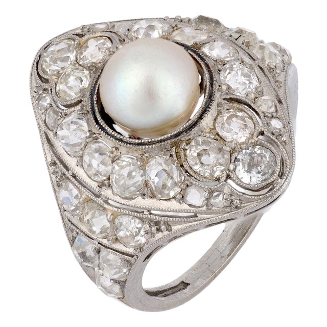 1900-1909 Edwardian Pearl Diamond Dinner Ring, Size 5.25 For Sale