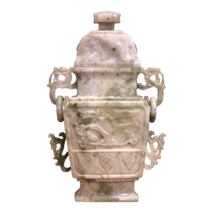 20th Century Chinese Carved Jade Covered Vase With Pierced Handles
