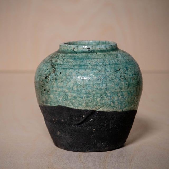 Teal Vintage Studio Pottery Raku Ceramic Teal and Black Vase With Crackle Glaze For Sale - Image 8 of 8