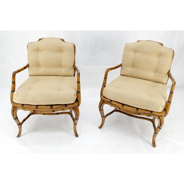 Mid-Century Modern Faux Bamboo Horn Shape Legs New Linen Upholstery Lounge Chairs For Sale - Image 3 of 8