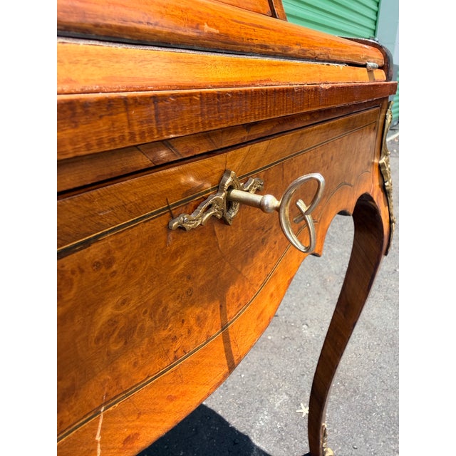 Brass 1970s French Louis XV Style Burl Wood Cylinder Roll Top Writing Desk With Brass Gallery and Ormolu Mounts For Sale - Image 8 of 12