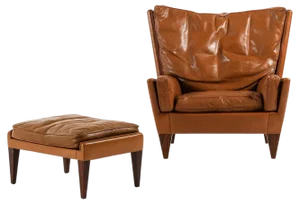 Set of Lounge Chair and Stool in Rosewood and Brown Leather attributed to Illum Wikkelsø, 1960s