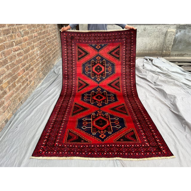 Vintage Afghan Baluchi Red Rug With Geometric Diamond Design and Soft Wool Pile Rug For Sale - Image 11 of 11