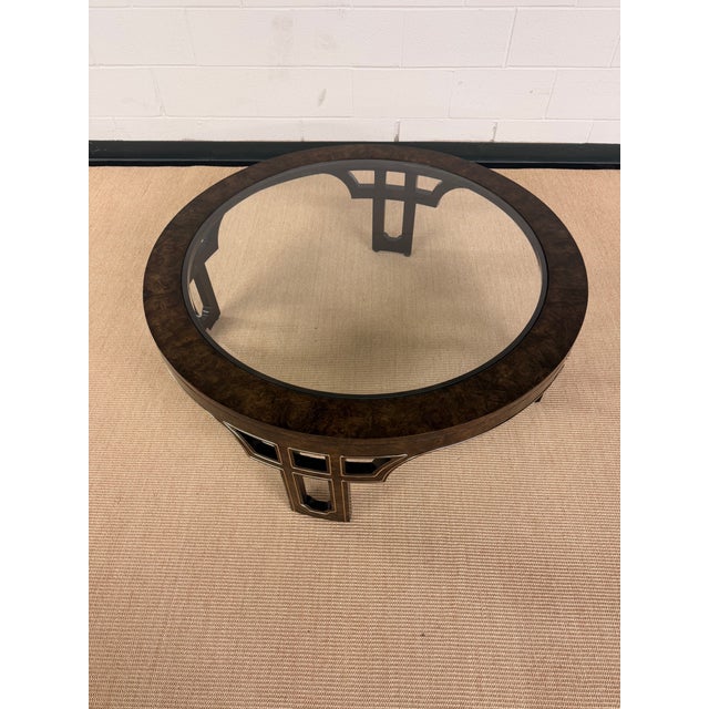 Brown 1970’s Ultra Rare Round Mastercraft Burled Glass Top Coffee Table With Intricate Recessed Brass Trim. For Sale - Image 8 of 12