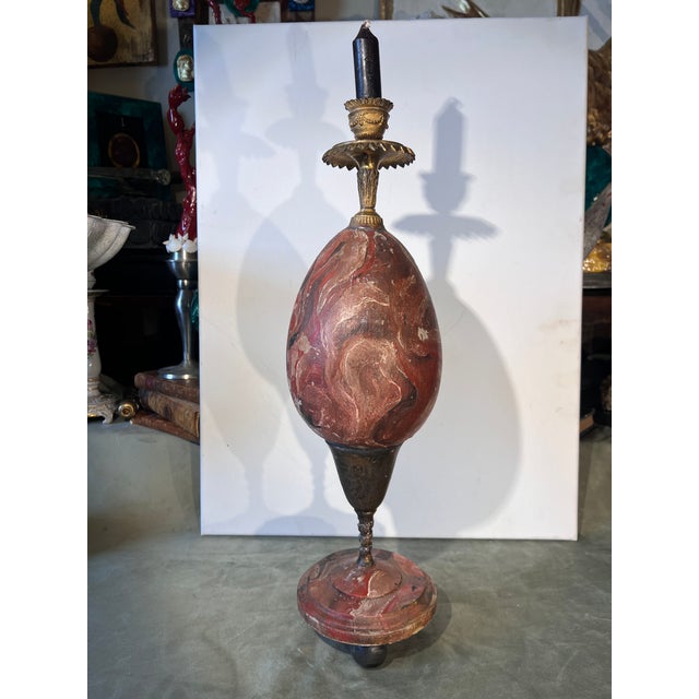 Red Baroque Curiosity Cabinet Faux Rouge Marble Hand Painted Faux Ostrich Egg Candelholder For Sale - Image 8 of 10