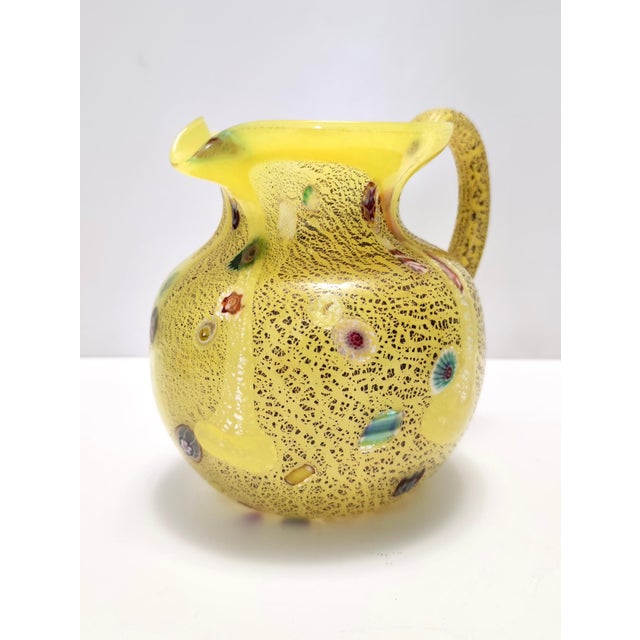 Vintage Yellow Opaline Handblown Glass Jug with Murrines and Silver Flakes, 1980s For Sale - Image 4 of 11