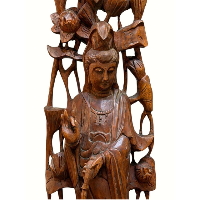Vintage Chinese Carved Wood Guanyin Kuan Yin Lotus Birds Sculpture 23.75" For Sale - Image 12 of 15