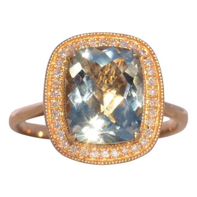 Praisiolite and Natural Diamond Halo Ring in Yellow Gold For Sale